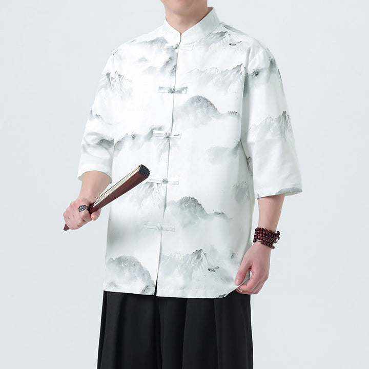 Buddha Stones Camisas de manga corta con botones de rana para hombre con estampado de paisaje en tinta china - Patrón de montaña - US/UK/AU46, EU56 (5XL) - image 10