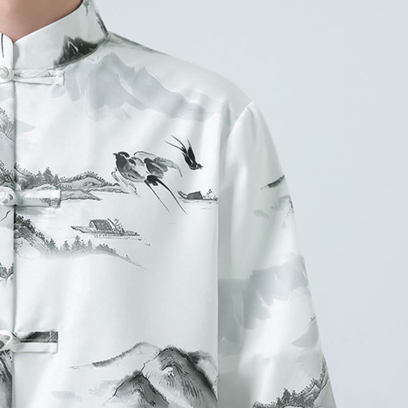 Buddha Stones Camisas de manga corta con botones de rana para hombre con estampado de paisaje en tinta china - image 9