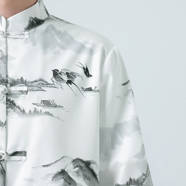 Buddha Stones Camisas de manga corta con botones de rana para hombre con estampado de paisaje en tinta china - image 9
