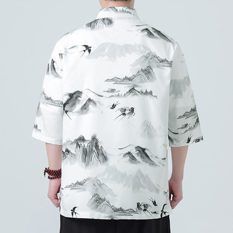 Buddha Stones Camisas de manga corta con botones de rana para hombre con estampado de paisaje en tinta china - image 5