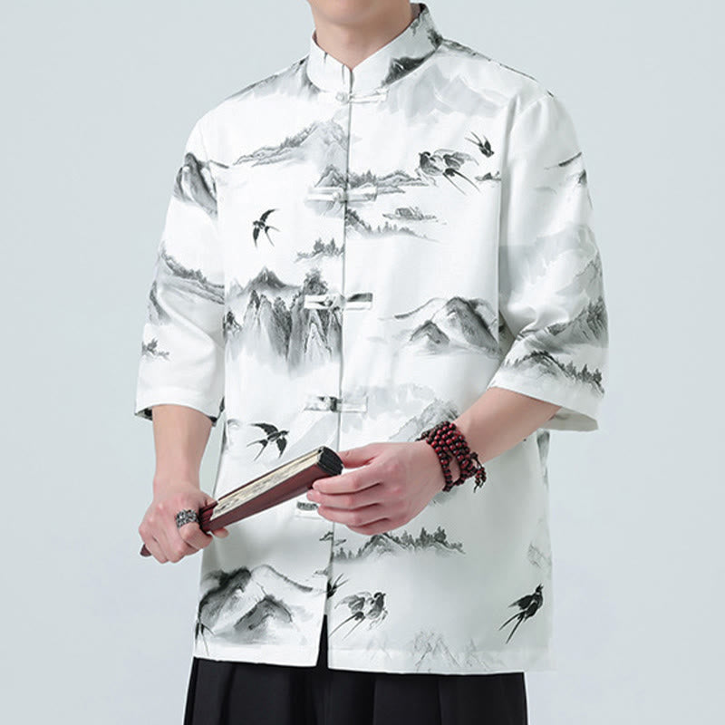 Buddha Stones Camisas de manga corta con botones de rana para hombre con estampado de paisaje en tinta china - image 3