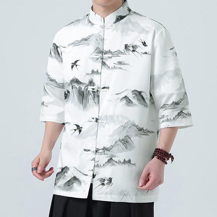 Buddha Stones Camisas de manga corta con botones de rana para hombre con estampado de paisaje en tinta china - image 1