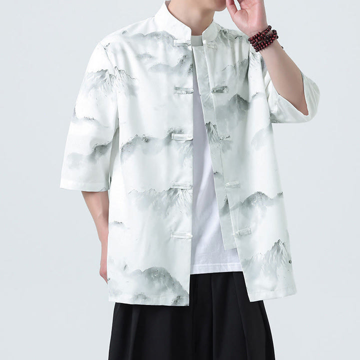 Buddha Stones Camisas de manga corta con botones de rana para hombre con estampado de paisaje en tinta china - image 17