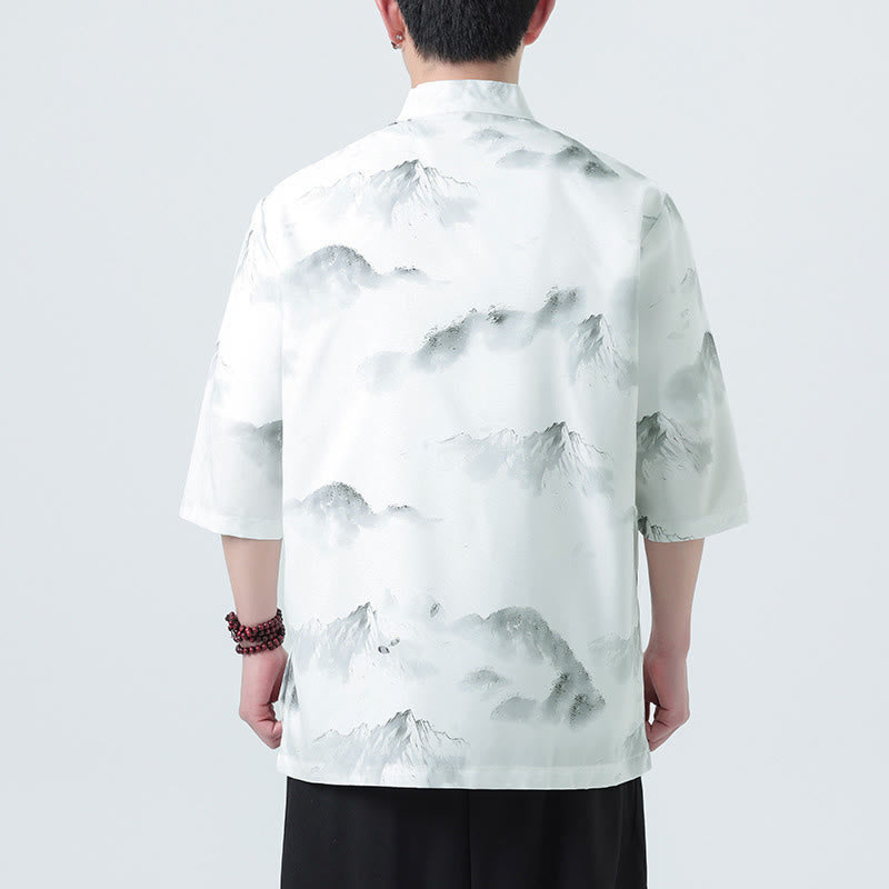 Buddha Stones Camisas de manga corta con botones de rana para hombre con estampado de paisaje en tinta china - image 13