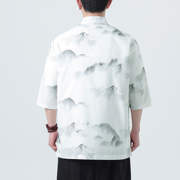 Buddha Stones Camisas de manga corta con botones de rana para hombre con estampado de paisaje en tinta china - image 13
