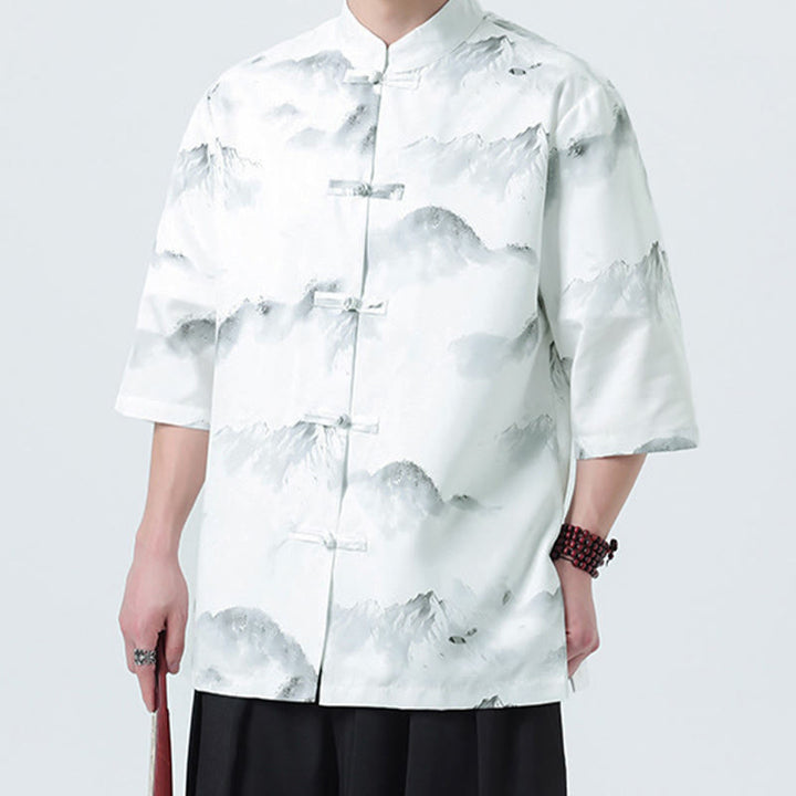 Buddha Stones Camisas de manga corta con botones de rana para hombre con estampado de paisaje en tinta china - image 14