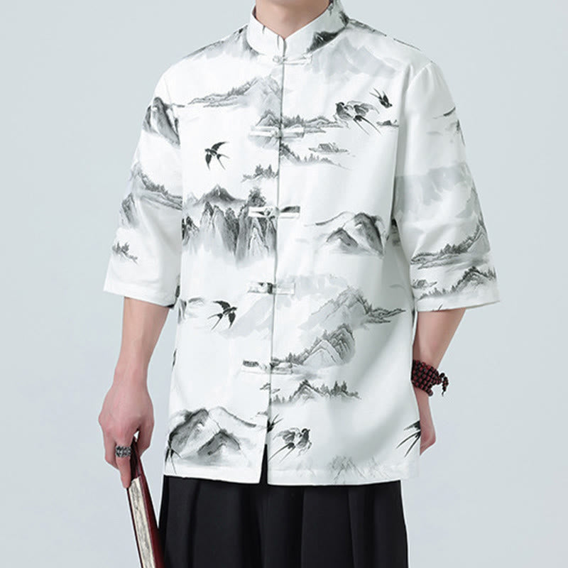 Buddha Stones Camisas de manga corta con botones de rana para hombre con estampado de paisaje en tinta china - image 2