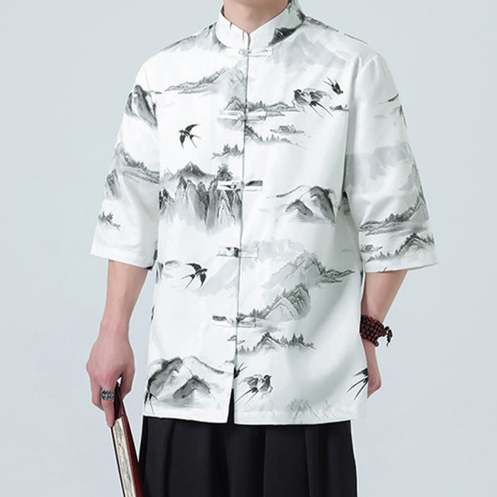 Buddha Stones Camisas de manga corta con botones de rana para hombre con estampado de paisaje en tinta china - image 2