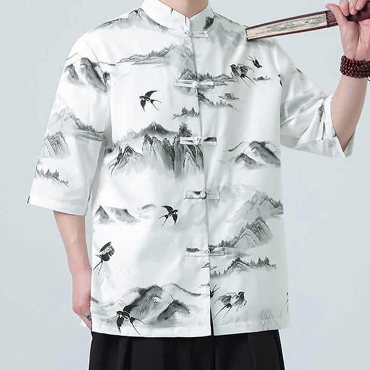 Buddha Stones Camisas de manga corta con botones de rana para hombre con estampado de paisaje en tinta china - Patrón de golondrinas y montañas - US/UK/AU46, EU56 (5XL) - image 0