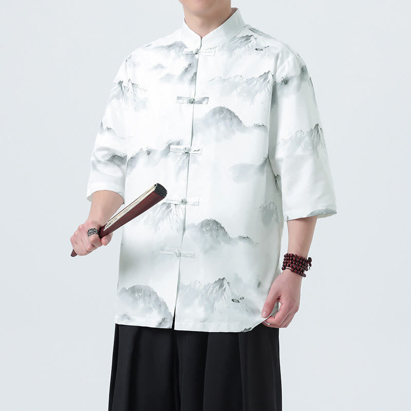 Buddha Stones Camisas de manga corta con botones de rana para hombre con estampado de paisaje en tinta china - Patrón de montaña - US/UK/AU46, EU56 (5XL) - image 10