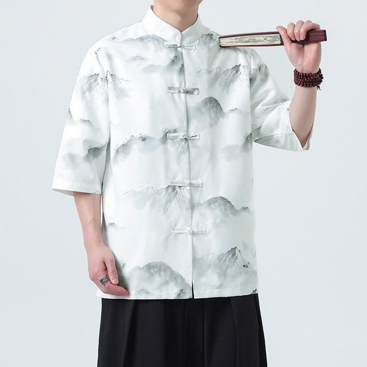 Buddha Stones Camisas de manga corta con botones de rana para hombre con estampado de paisaje en tinta china - image 11