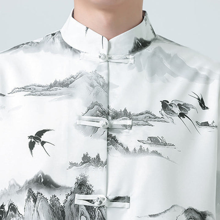 Buddha Stones Camisas de manga corta con botones de rana para hombre con estampado de paisaje en tinta china - image 8