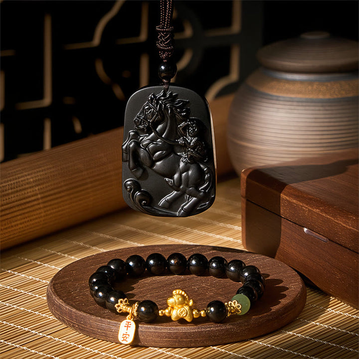 Buddha Stones Paquete de fuerza de jade hetiano de obsidiana negra del Año del Caballo - Paquete de fuerza de obsidiana negra de The Horse - image 0