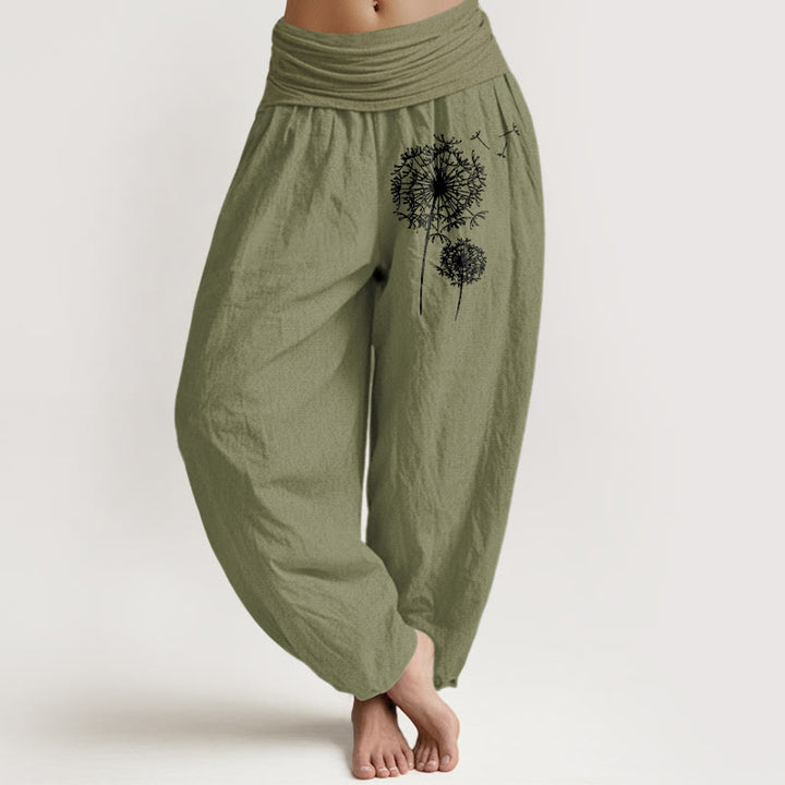 Buddha Stones Pantalones harén de cintura elástica para mujer, estilo minimalista, de algodón puro, con estampado de diente de león - Verde oliva - US16，UK/AU20，EU48 (3XL) - image 14