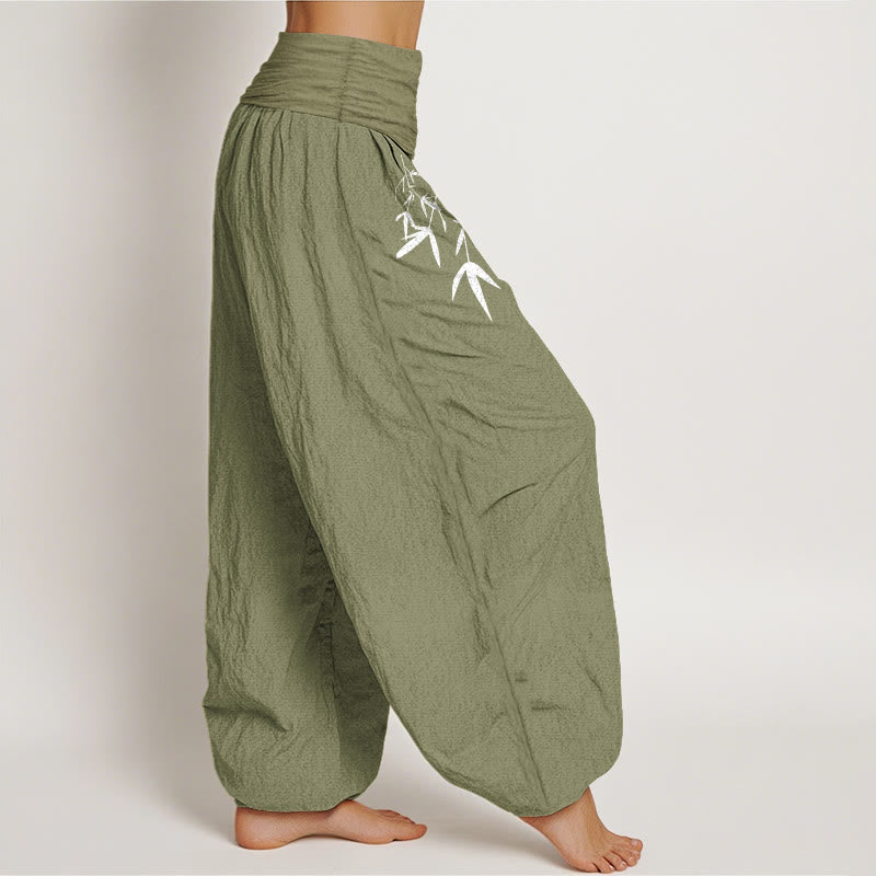 Buddha Stones Pantalones harén de algodón puro con cintura elástica y estampado de hojas de bambú para mujer. - image 2