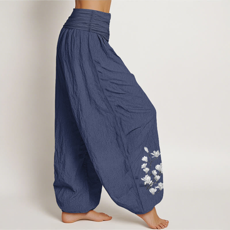 Buddha Stones Pantalones harén de algodón puro con cintura elástica y estampado de flores de magnolia para mujer. - image 7