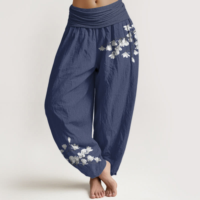 Buddha Stones Pantalones harén de algodón puro con cintura elástica y estampado de flores de magnolia para mujer. - Azul pizarra oscuro - US16，UK/AU20，EU48 (3XL) - image 5