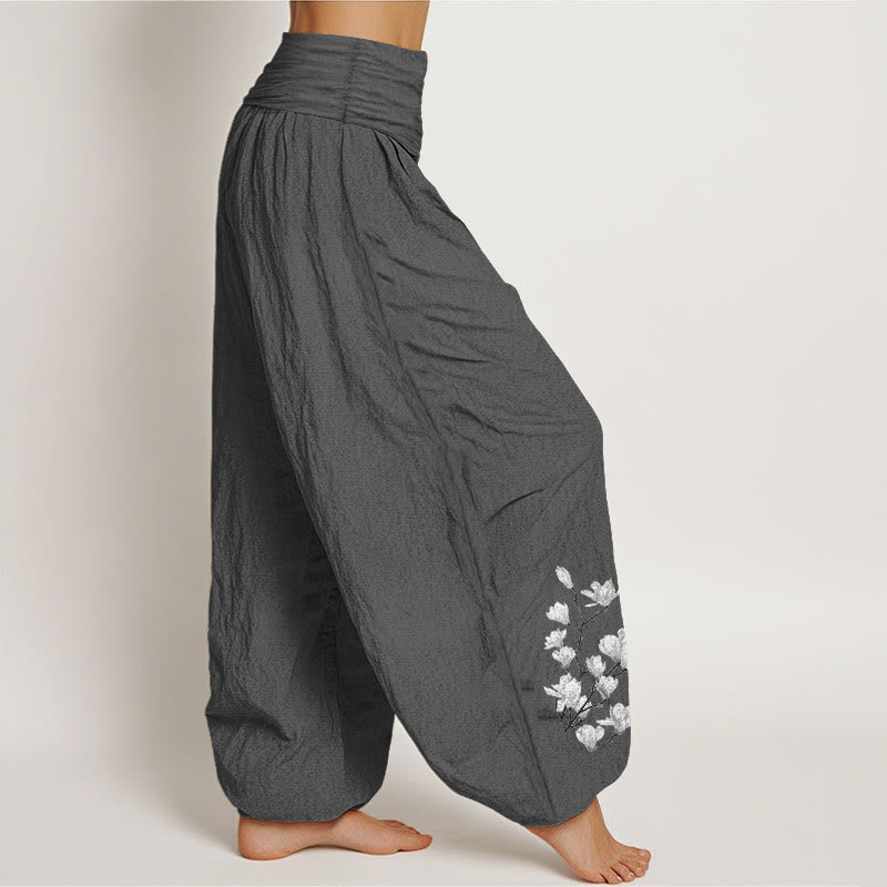 Buddha Stones Pantalones harén de algodón puro con cintura elástica y estampado de flores de magnolia para mujer. - image 10