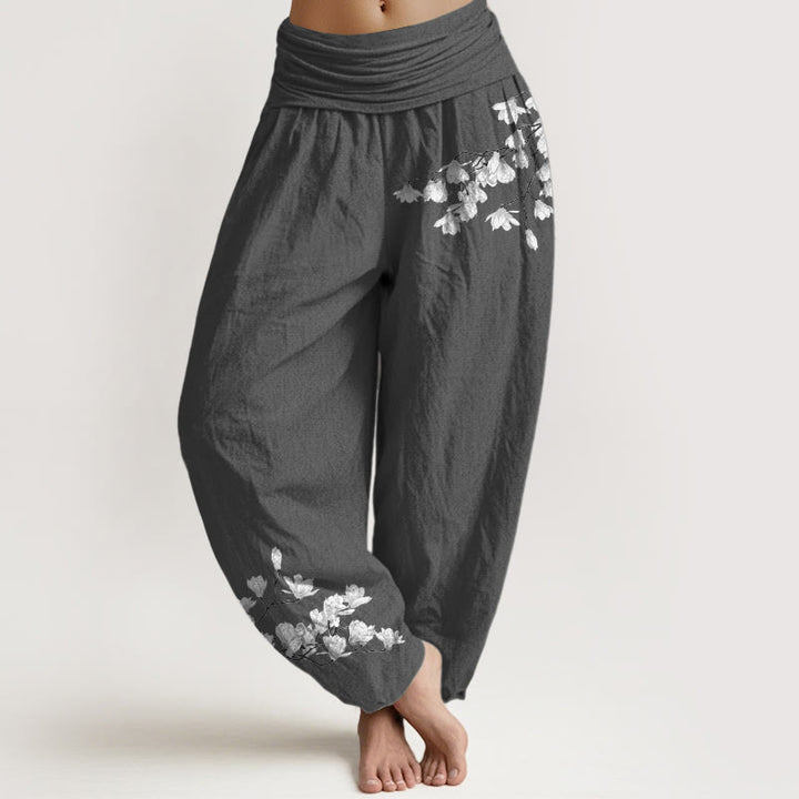 Buddha Stones Pantalones harén de algodón puro con cintura elástica y estampado de flores de magnolia para mujer. - Gris oscuro - US16，UK/AU20，EU48 (3XL) - image 8