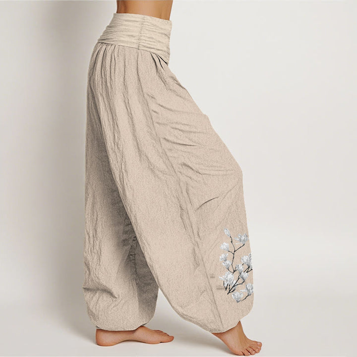 Buddha Stones Pantalones harén de algodón puro con cintura elástica y estampado de flores de magnolia para mujer. - image 13