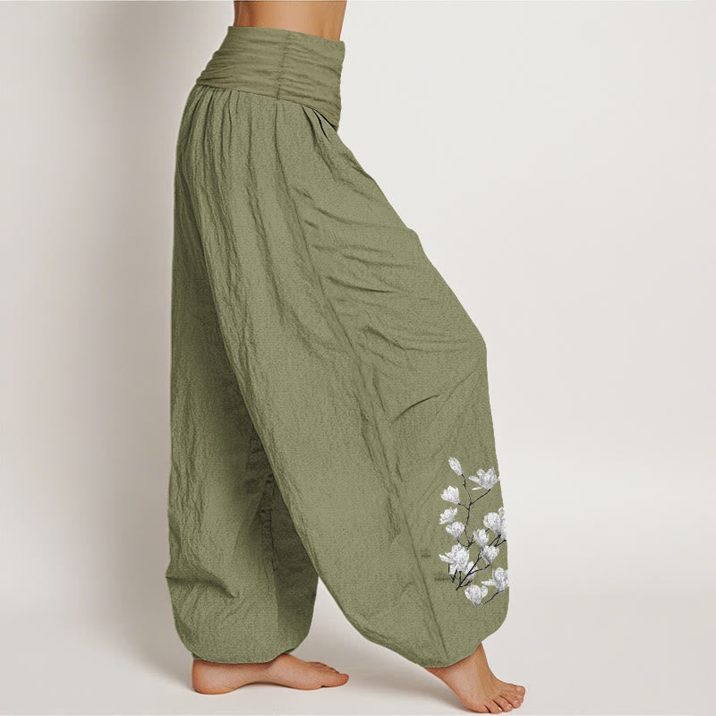 Buddha Stones Pantalones harén de algodón puro con cintura elástica y estampado de flores de magnolia para mujer. - image 16