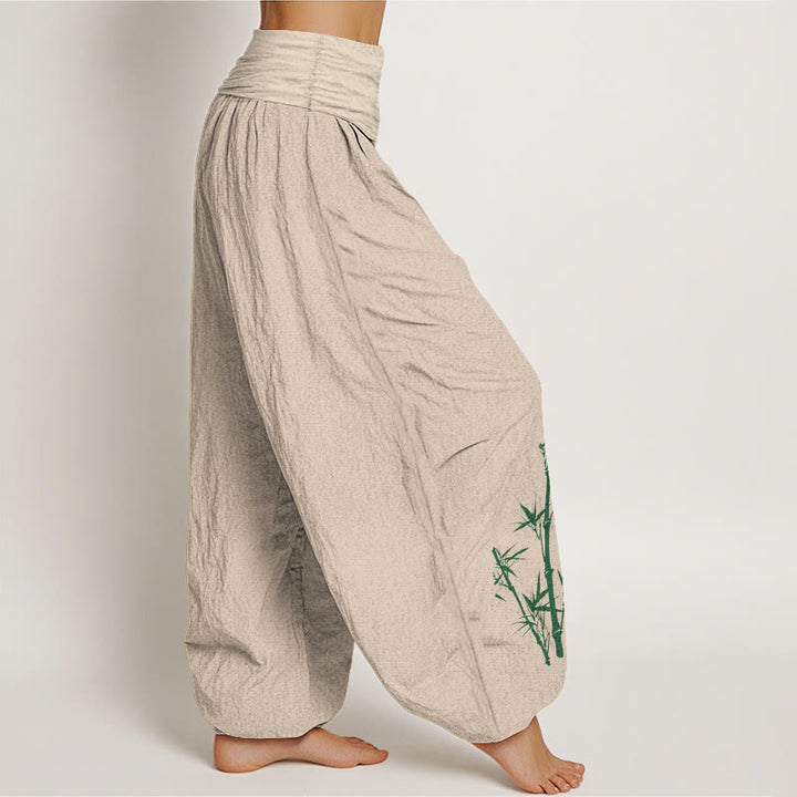 Buddha Stones Pantalones harén de cintura elástica para mujer, elegantes, de algodón puro, con estampado de bambú y grulla solar - image 2