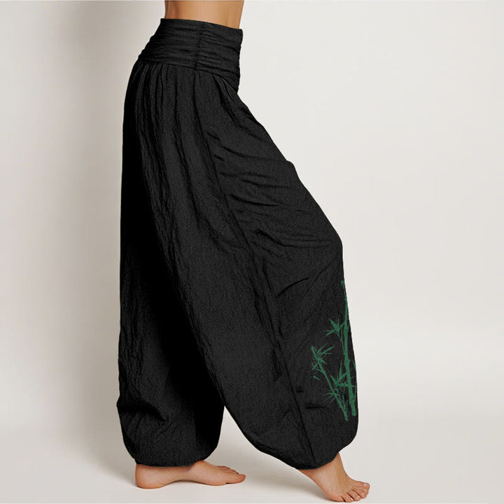 Buddha Stones Pantalones harén de cintura elástica para mujer, elegantes, de algodón puro, con estampado de bambú y grulla solar - image 7