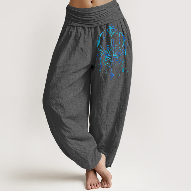 Buddha Stones Pantalones harén de algodón puro con cintura elástica y estampado de loto para mujer - Gris oscuro - US16，UK/AU20，EU48 (3XL) - image 8