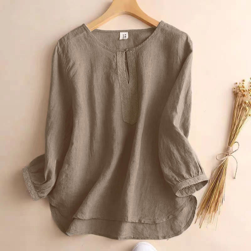 Camisa informal de manga tres cuartos con cuello redondo y diseño calado para mujer con estampado de Buddha Stones. - Broncearse - US8-10，UK/AU12-14，EU40-42 (2XL) - image 0