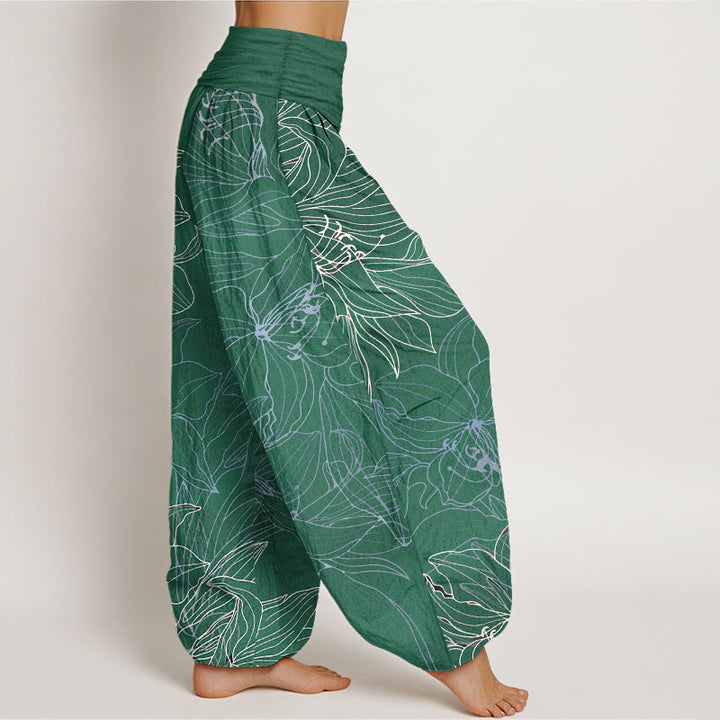 Buddha Stones Pantalones harén de algodón puro con cintura elástica y estampado floral minimalista para mujer - image 2