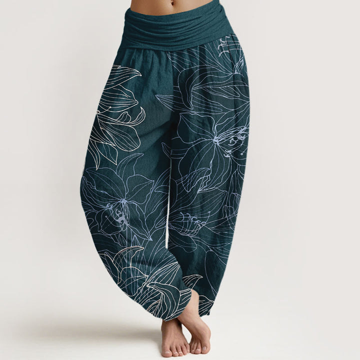 Buddha Stones Pantalones harén de algodón puro con cintura elástica y estampado floral minimalista para mujer - Gris pizarra oscuro - US16，UK/AU20，EU48 (3XL) - image 5