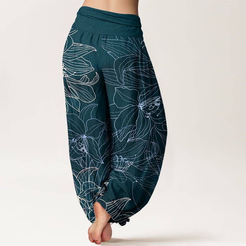 Buddha Stones Pantalones harén de algodón puro con cintura elástica y estampado floral minimalista para mujer - image 6