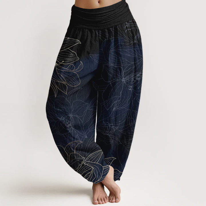Buddha Stones Pantalones harén de algodón puro con cintura elástica y estampado floral minimalista para mujer - Azul medianoche - US16，UK/AU20，EU48 (3XL) - image 8