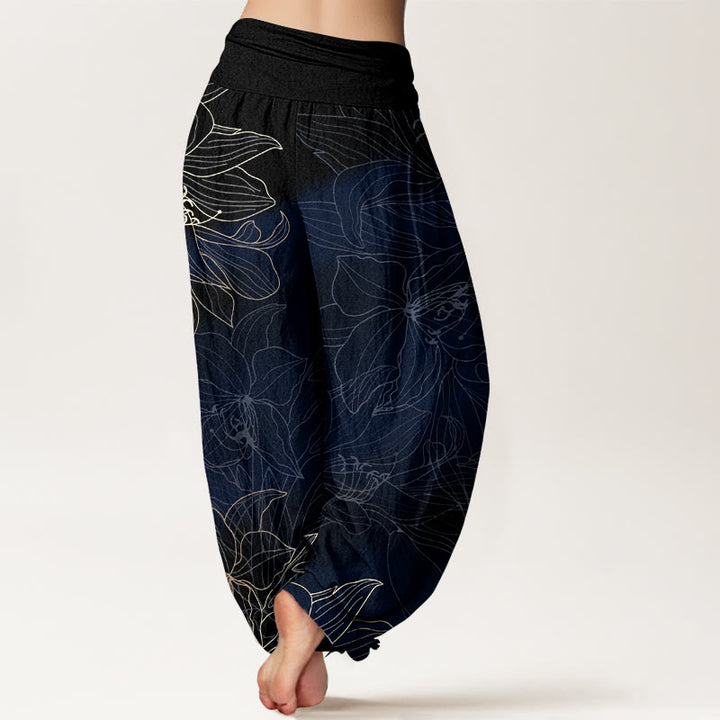 Buddha Stones Pantalones harén de algodón puro con cintura elástica y estampado floral minimalista para mujer - image 9