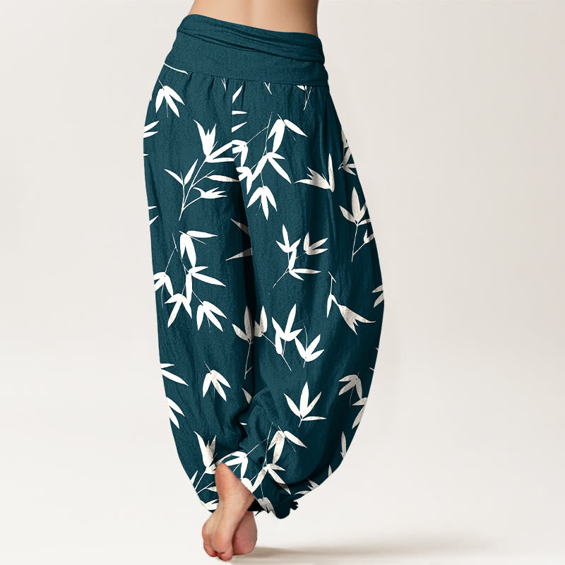 Buddha Stones Pantalones harén de algodón puro, sencillos y elegantes, con estampado de hojas de bambú, cintura elástica para mujer - image 1