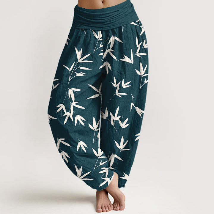 Buddha Stones Pantalones harén de algodón puro, sencillos y elegantes, con estampado de hojas de bambú, cintura elástica para mujer - Gris pizarra oscuro - US16，UK/AU20，EU48 (3XL) - image 0