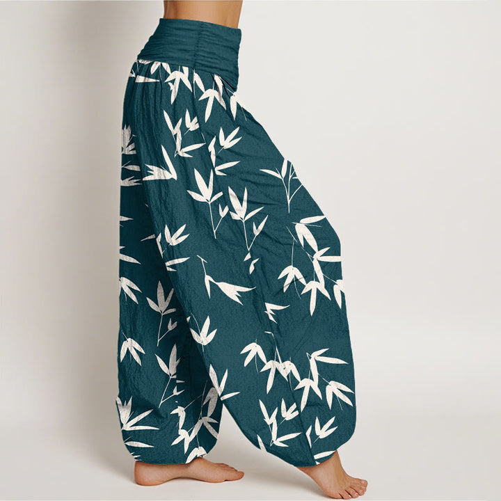 Buddha Stones Pantalones harén de algodón puro, sencillos y elegantes, con estampado de hojas de bambú, cintura elástica para mujer - image 2