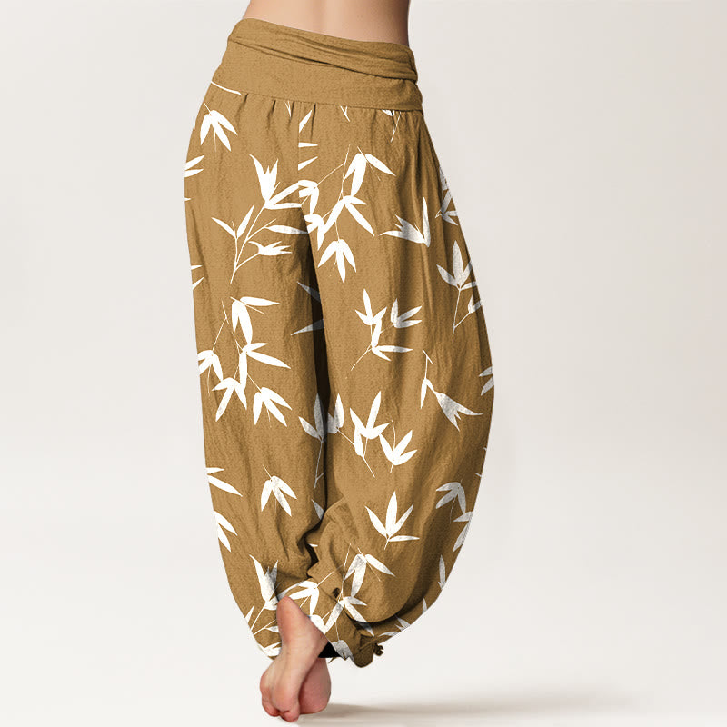 Buddha Stones Pantalones harén de algodón puro, sencillos y elegantes, con estampado de hojas de bambú, cintura elástica para mujer - image 6