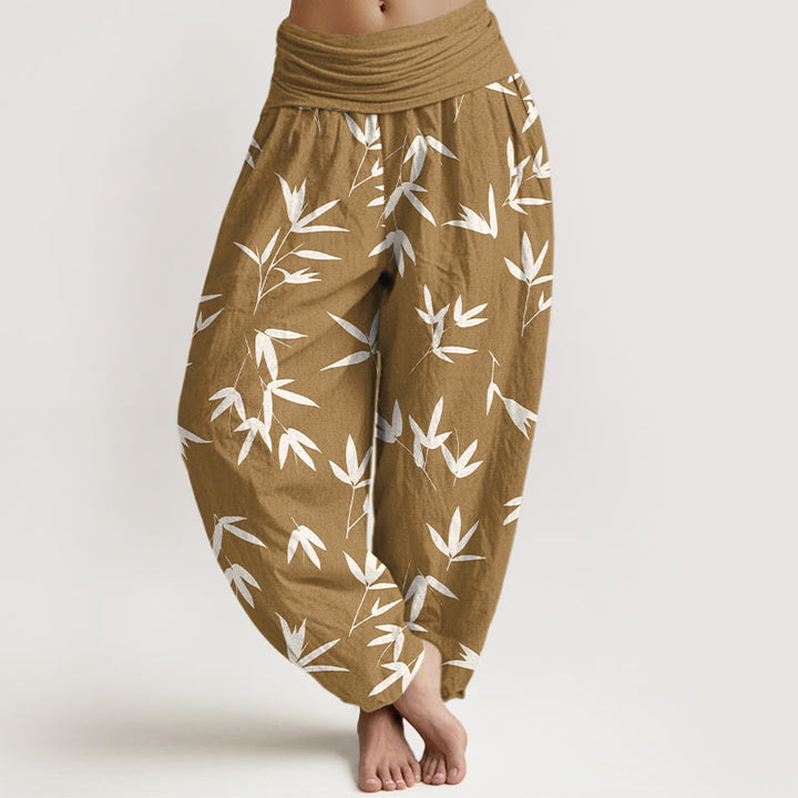 Buddha Stones Pantalones harén de algodón puro, sencillos y elegantes, con estampado de hojas de bambú, cintura elástica para mujer - Vara de oro - US16，UK/AU20，EU48 (3XL) - image 5