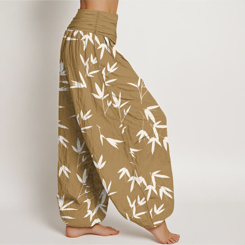 Buddha Stones Pantalones harén de algodón puro, sencillos y elegantes, con estampado de hojas de bambú, cintura elástica para mujer - image 7