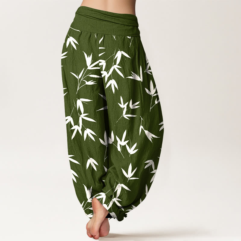 Buddha Stones Pantalones harén de algodón puro, sencillos y elegantes, con estampado de hojas de bambú, cintura elástica para mujer - image 9