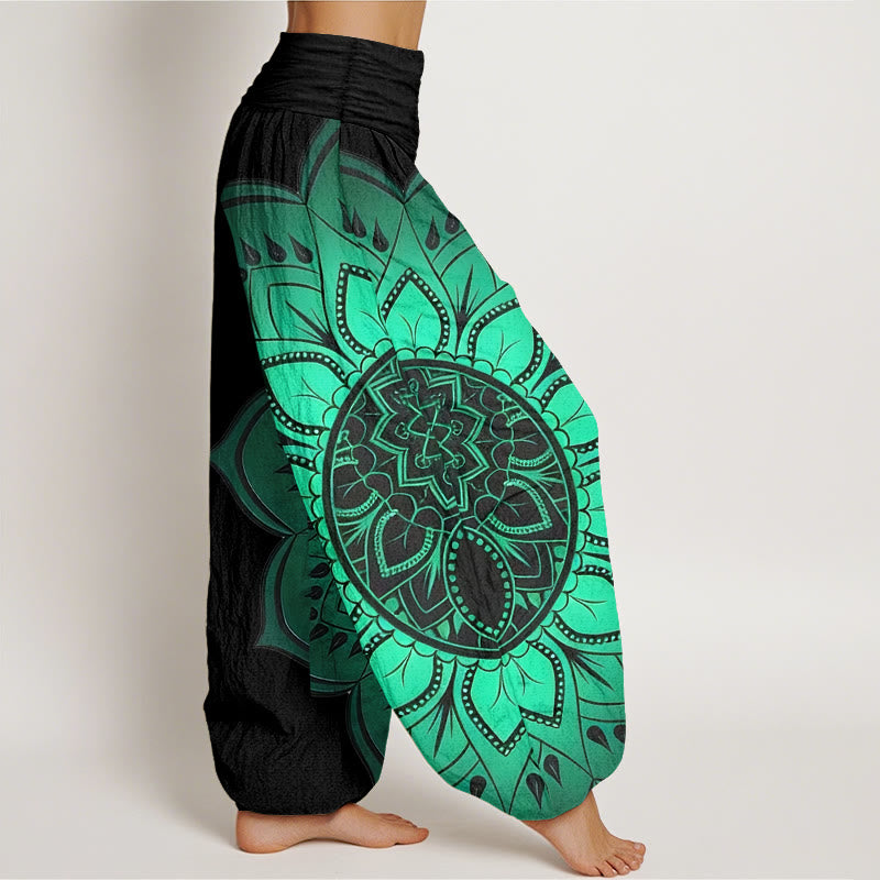 Buddha Stones Pantalones harén de algodón con estampado de mandala simétrico para mujer, cintura elástica - image 2