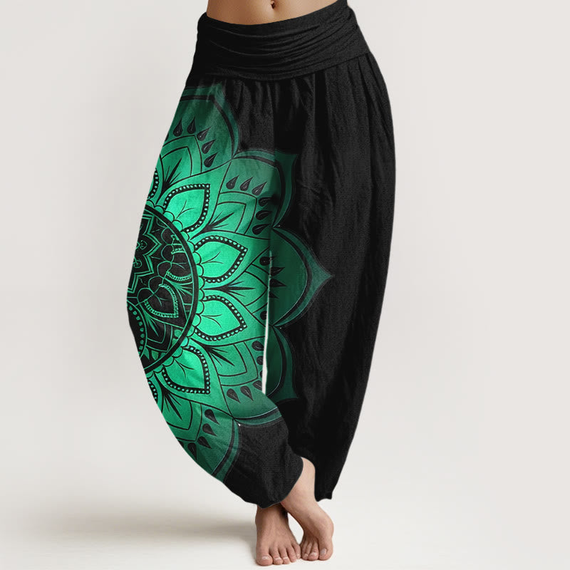 Buddha Stones Pantalones harén de algodón con estampado de mandala simétrico para mujer, cintura elástica - Negro - US16，UK/AU20，EU48 (3XL) - image 0