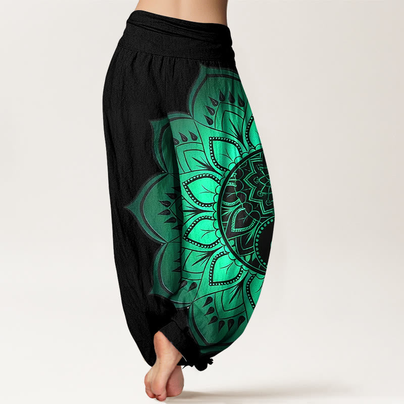 Buddha Stones Pantalones harén de algodón con estampado de mandala simétrico para mujer, cintura elástica - image 1