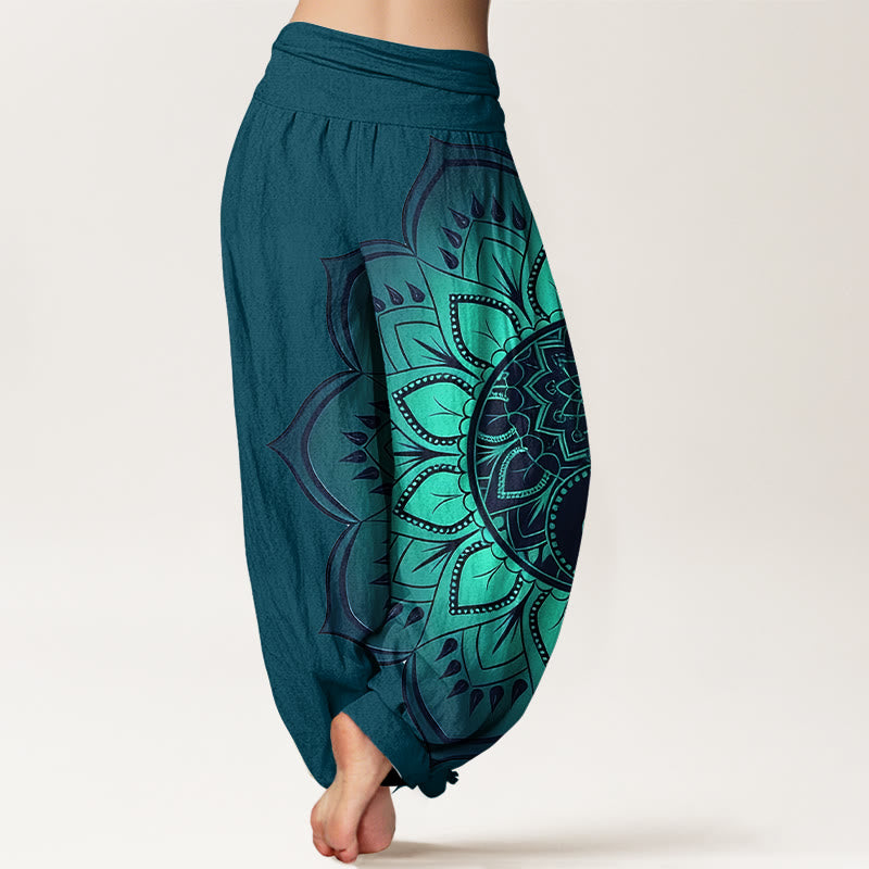 Buddha Stones Pantalones harén de algodón con estampado de mandala simétrico para mujer, cintura elástica - image 6