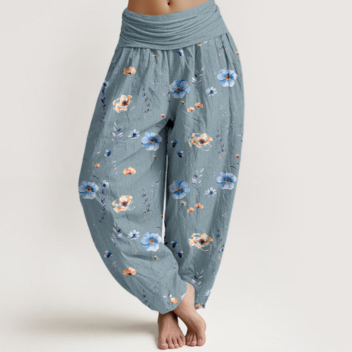 Buddha Stones Pantalones harén de algodón con cintura elástica y estampado floral para mujer - Azul claro - US16，UK/AU20，EU48 (3XL) - image 8
