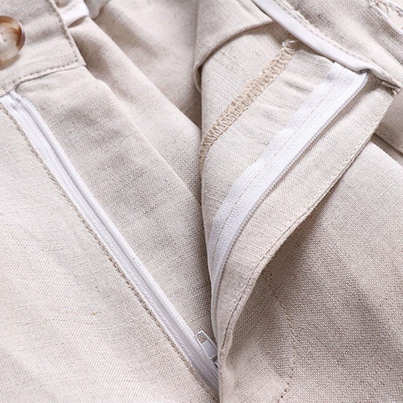 Buddha Stones Pantalones anchos de lino y algodón para hombre, con cintura elástica y cremallera de verano, con bolsillos - image 3