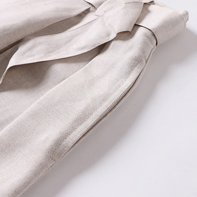 Buddha Stones Pantalones anchos de lino y algodón para hombre, con cintura elástica y cremallera de verano, con bolsillos - image 4