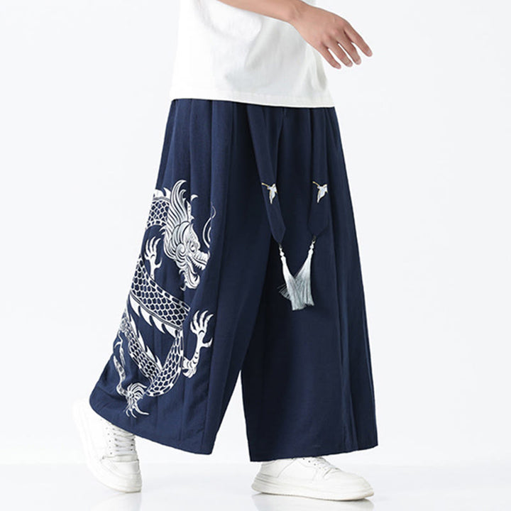 Buddha Stones Pantalones anchos de algodón con diseño de dragón de verano y cordón ajustable hasta el tobillo para hombre con bolsillos - Azul acero - US/UK/AU42, EU52 (3XL) - image 0