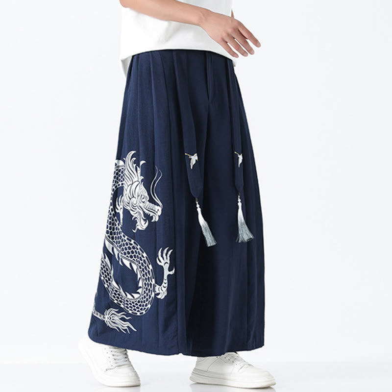 Buddha Stones Pantalones anchos de algodón con diseño de dragón de verano y cordón ajustable hasta el tobillo para hombre con bolsillos - image 5